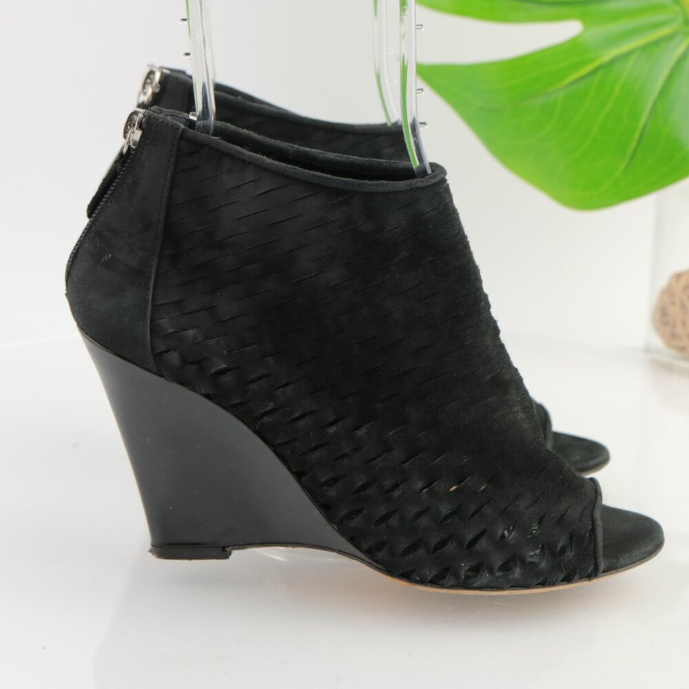 Aquatalia Womens Terra Bootie Sandals Size 7.5 Black Suede Wedge Heel Peep Toe